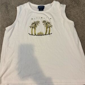 White Tank Top with Tropical Palm Design and sequins
